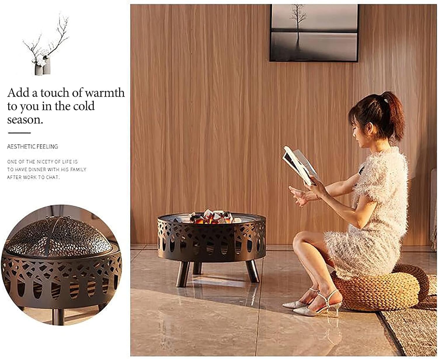 Patio Heaters Fire Pit with BBQ Grill Shelf Log Wood Charcoal Burner Brazier 58.8CM Diameter Fire Pit for Outdoor