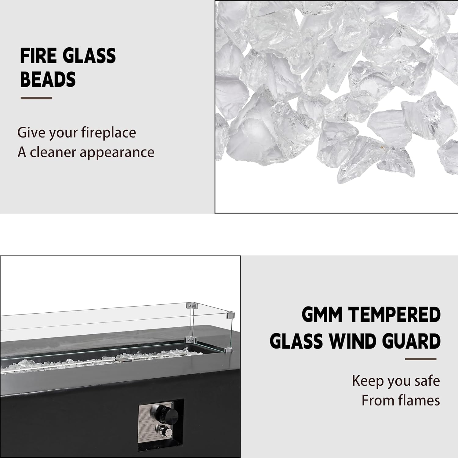 56 Inch Propane Fire Pit Table, Outdoor Rectangle Fire Table w Tank Table (50,000 BTU), 3 Piece Gas Fire Pit in Black w Glass Wind Guard and White Fire Glass for Deck, Garden, Backyard