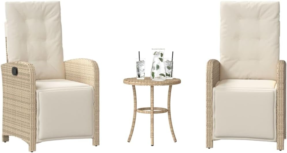 3 Piece Bistro Set with Cushions Beige Poly Rattan,Comfortable Outdoor Patio Reclining Chair Set with Adjustable Backrest and Footrest for Garden, Backyard, and Balcony Patio Furniture Sets, Outdoor F