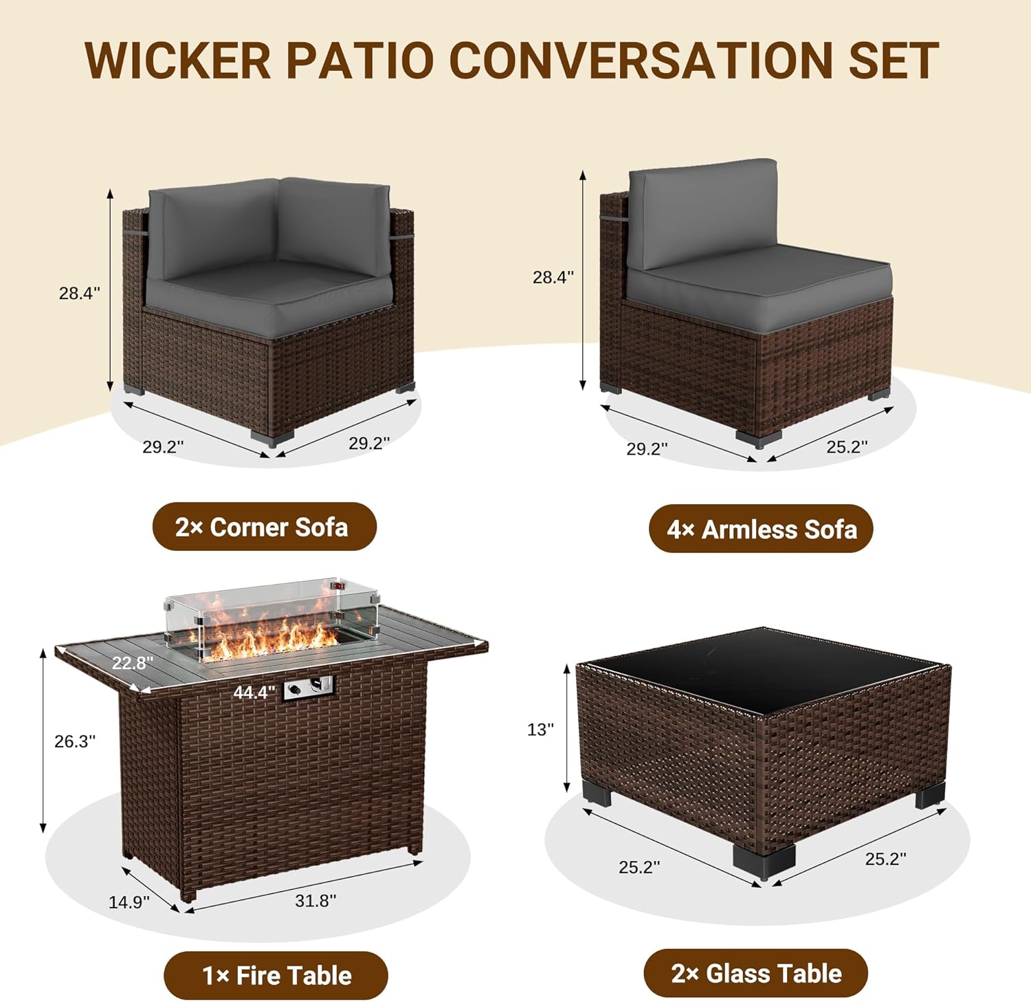 Patio Furniture Set with 44'' Propane Gas Firepit Table, 8 PCS Outdoor Sectional Conversation Sets with High Back, Grey (Waterproof Cover Included)