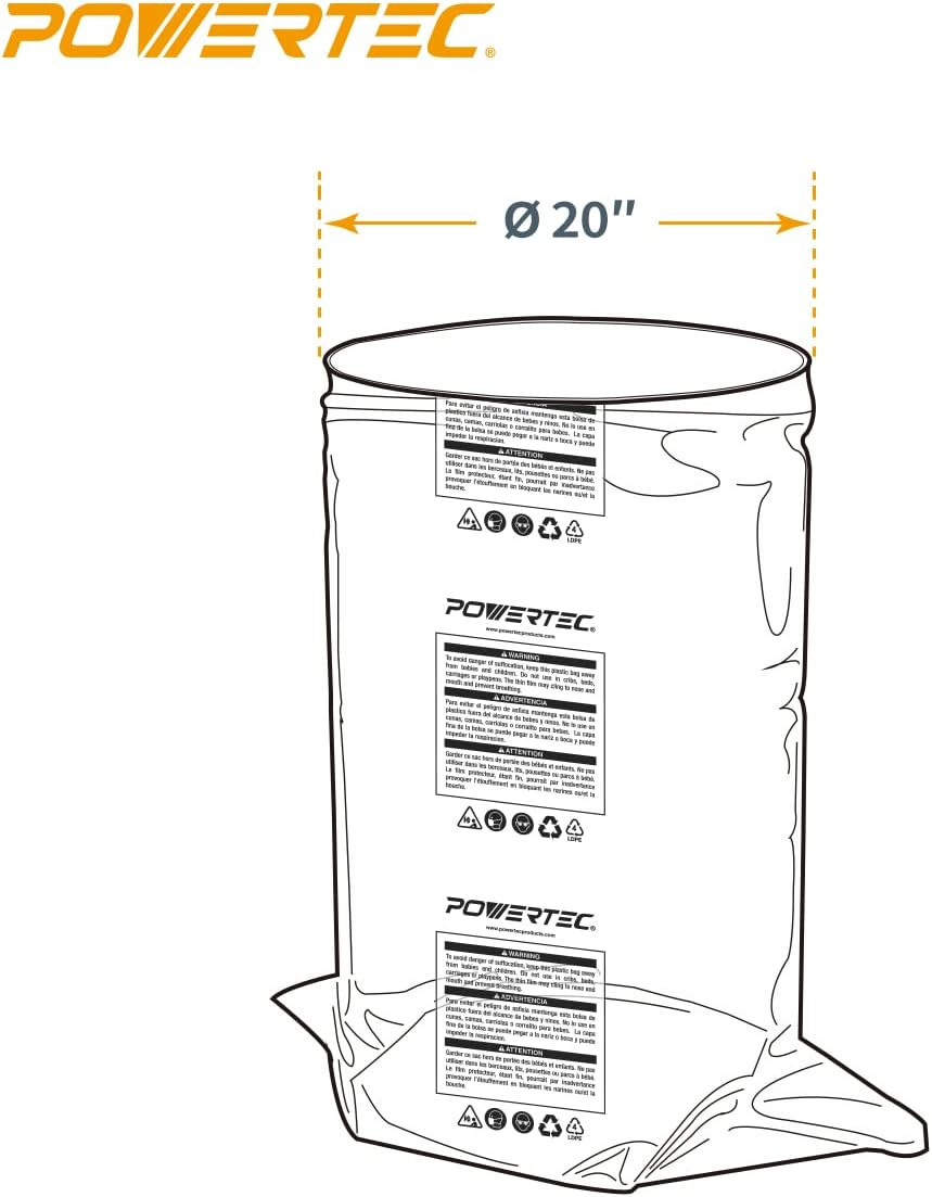 POWERTEC 70002-Case15 Clear Plastic Dust Collection Bags, 20
