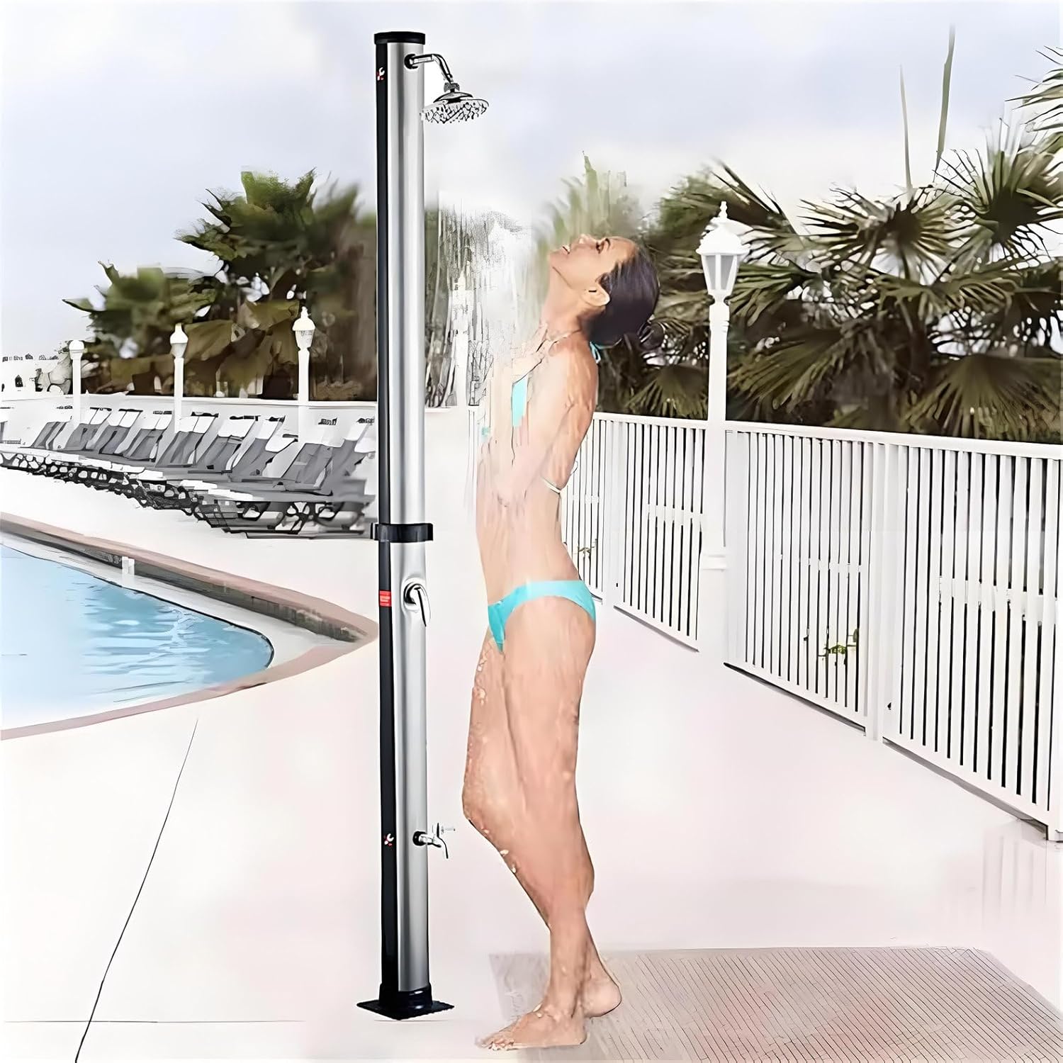 38L Freestanding Outdoor Solar Heated Shower, Pool Garden Shower with 360° Swivel Shower Head, Garden Hose Connection and Foot Shower, for Backyard Poolside Beach Silver