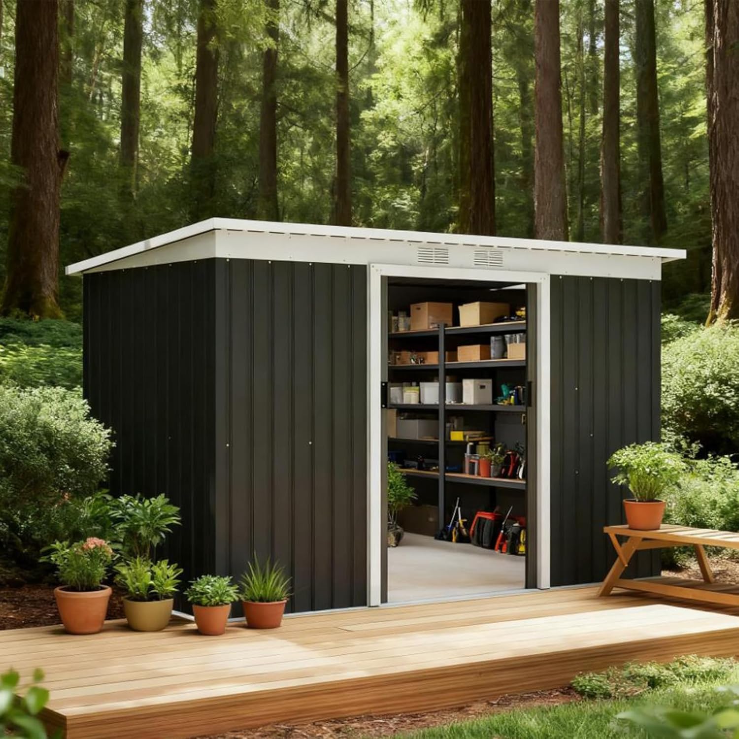 5x9 FT Outdoor Storage Shed, Large Metal Tool House Garden Storage Shed, Updated Frame Structure with Ventilation Opening and Lockable Sliding Door, for Garden, Patio (Gray C)