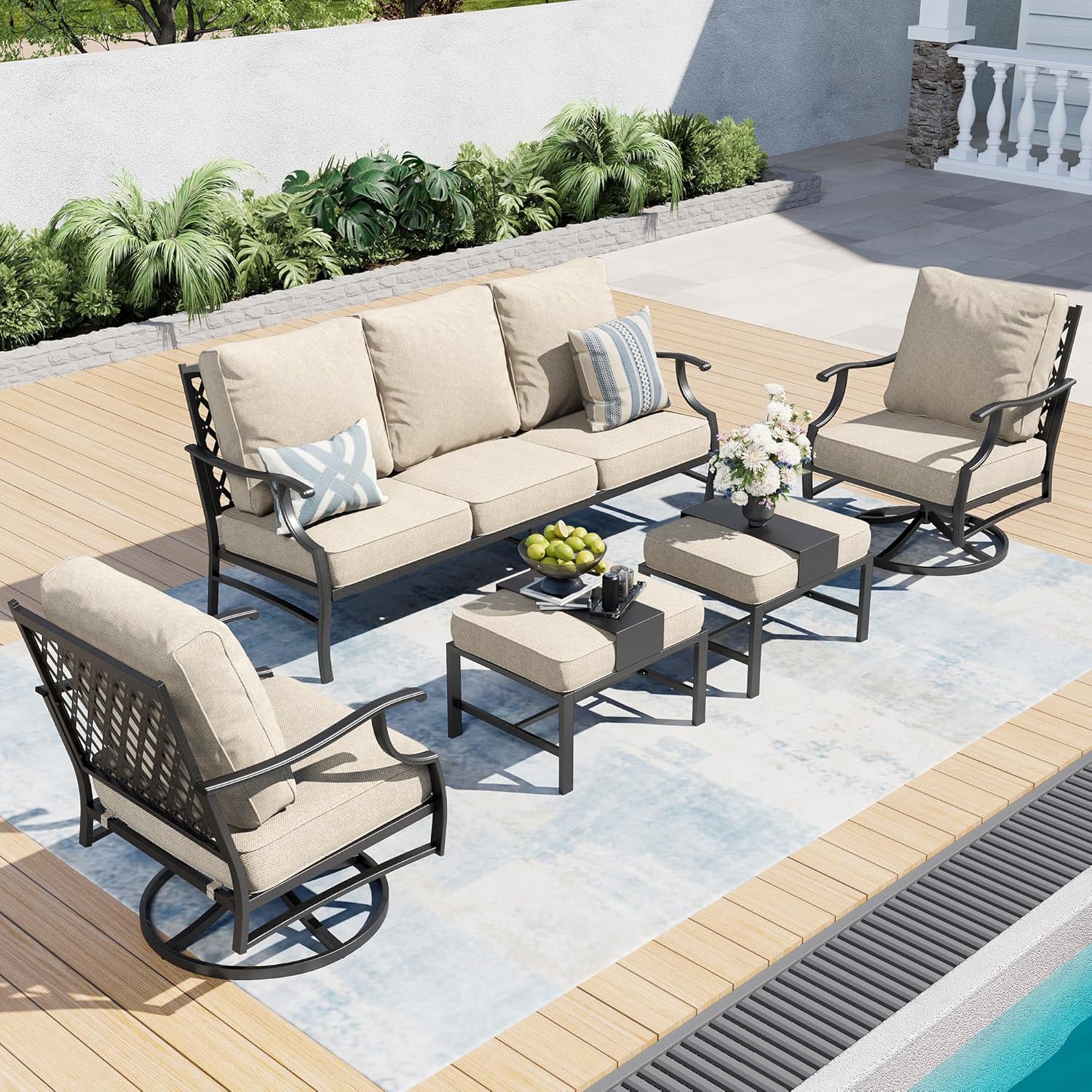 Patio Furniture Set, Modern Metal Outdoor Patio Furniture, 3 Seater Sofa, 2 Swivel Chairs, 2 Ottomans and 5.75