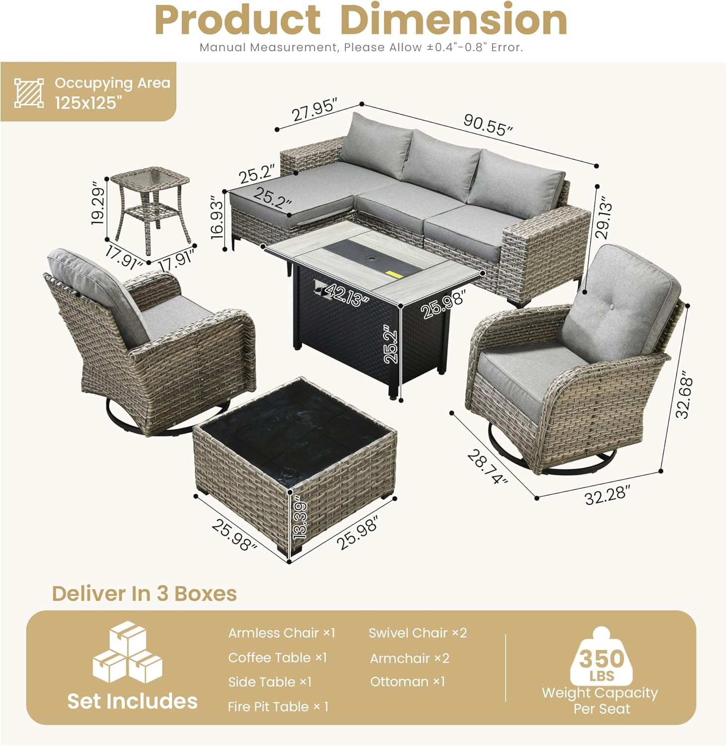 HOOOWOOO Outdoor Sectional Furniture Set with Fire Pit Table,9 Pieces Wicker Patio Conversation Sets,L Shape All Weather Outside Couch Sofa Set with Swivel Chairs Solar Table Ottoman,Charcoal Gray