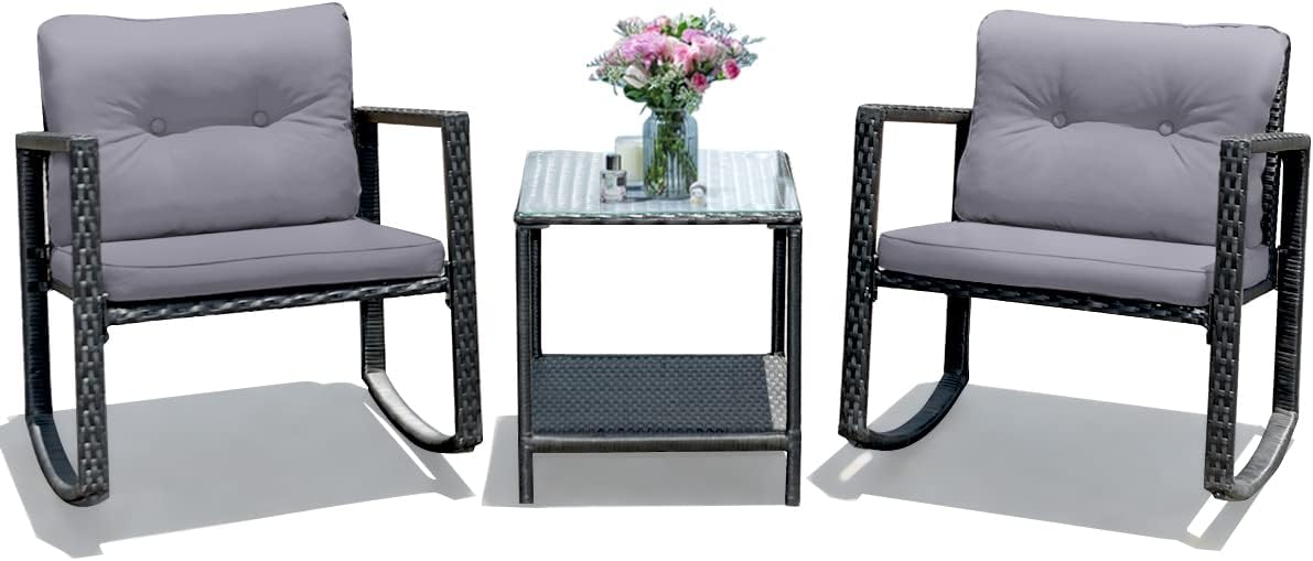 Tangkula 3 Pieces Patio Wicker Rocking Bistro Set, Outdoor Rocking Chair Furniture Set w/Cushioned Seat, Conversation Set w/Glass Coffee Table and Storage Shelf (Gray)