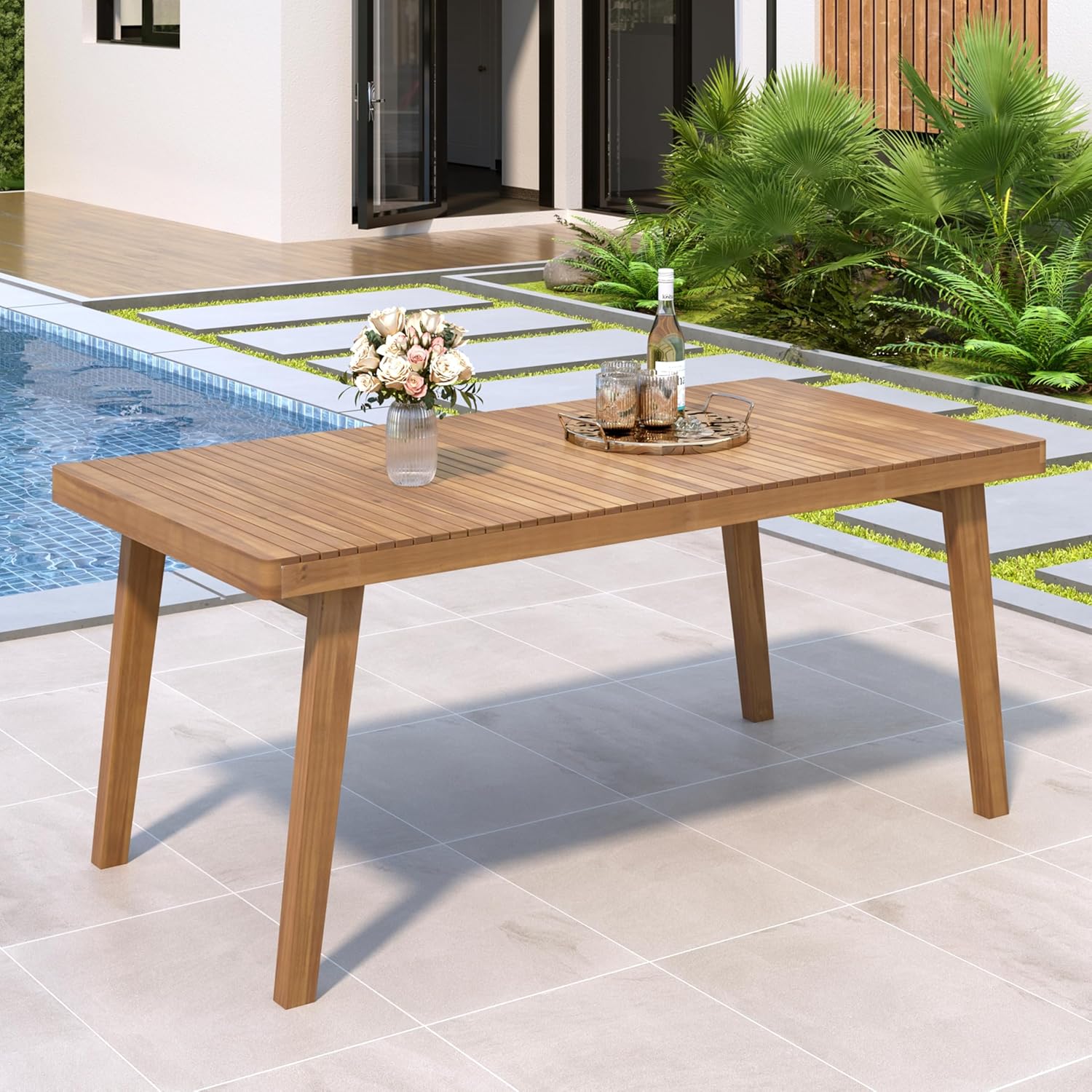 Christopher Knight Home Hobson Acacia Wood Outdoor Dining Table for 6, Wooden Patio Farmhouse Dining Table, Rectangle Slatted Top for Outdoor Gatherings, Natural Brown