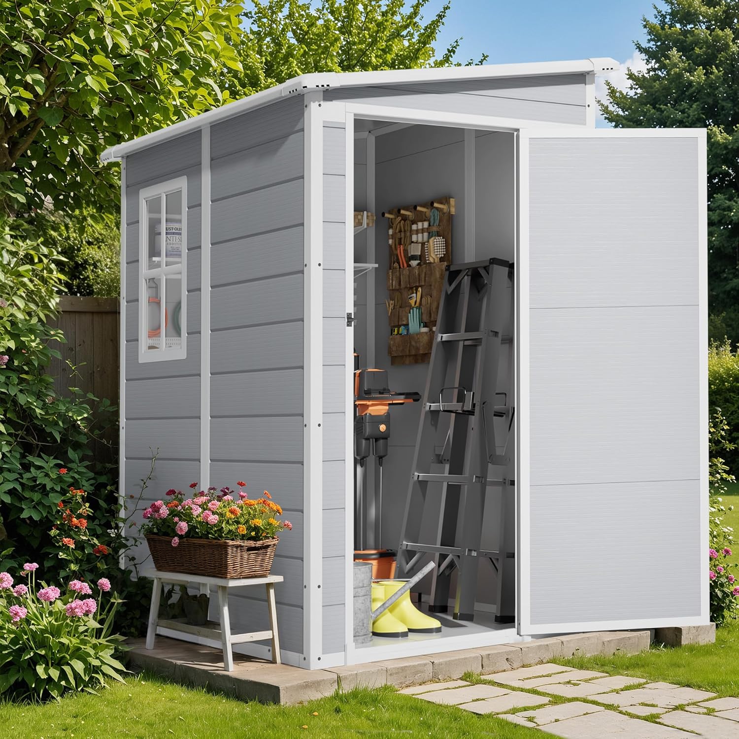 Flamaker 5 x 4 FT Outdoor Storage Shed, Garden Resin Shed with Floor, Plastic Tool Shed with Lockable Door for Backyard Patio Lawn Pool