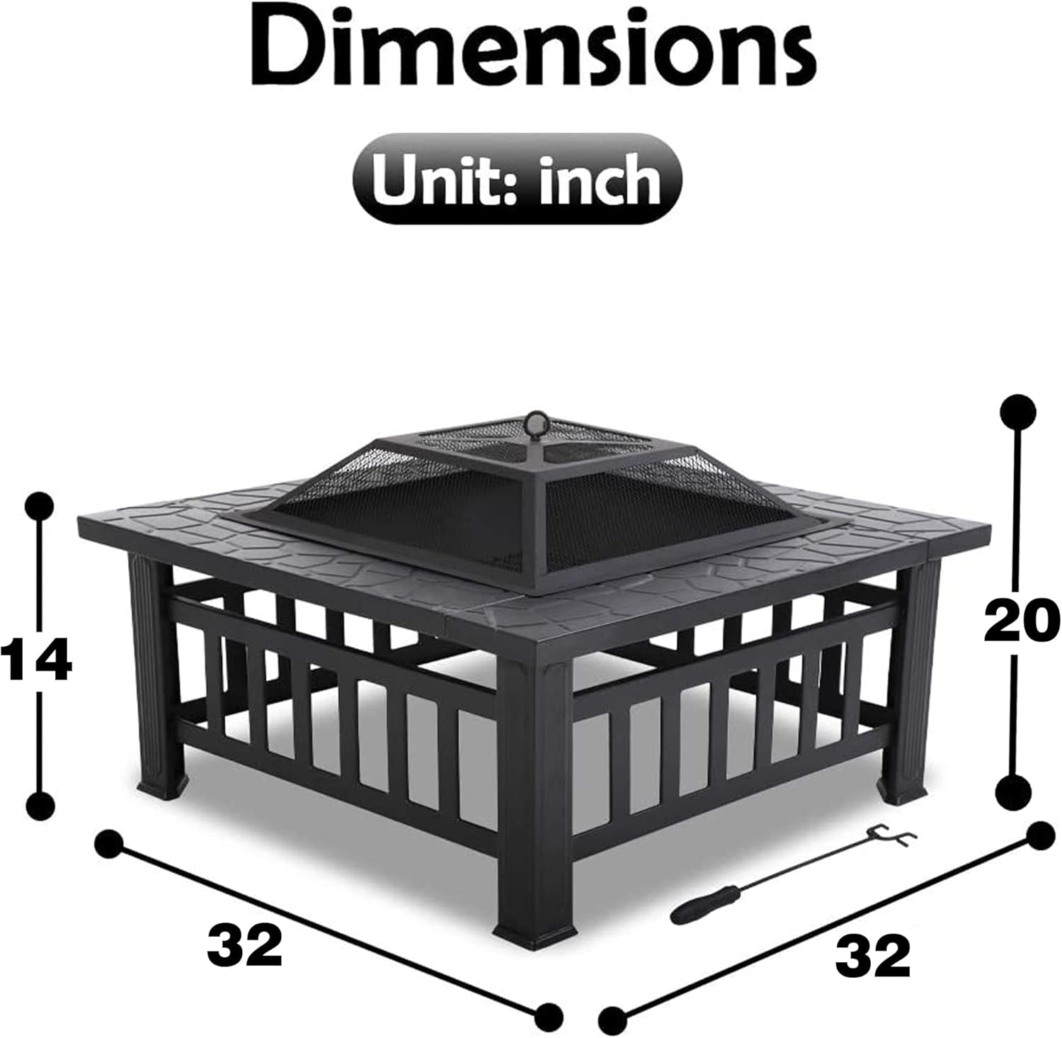 Outdoor Fire Pit 32 inch Square Metal Firepit for Patio Wood Burning Fireplace Garden Stove with Charcoal Rack, Poker & Mesh Cover for Camping Picnic Bonfire Backyard