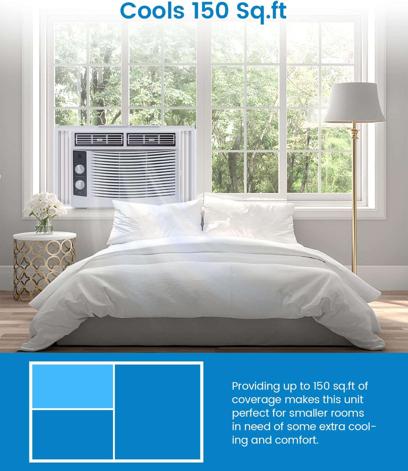 White 5000 BTU Window Air Conditioner for Small Rooms & Bedrooms - Mechanical Controls, 2 Fan Speeds, 7 Temp Settings, Adjustable Vents (115V/60Hz)