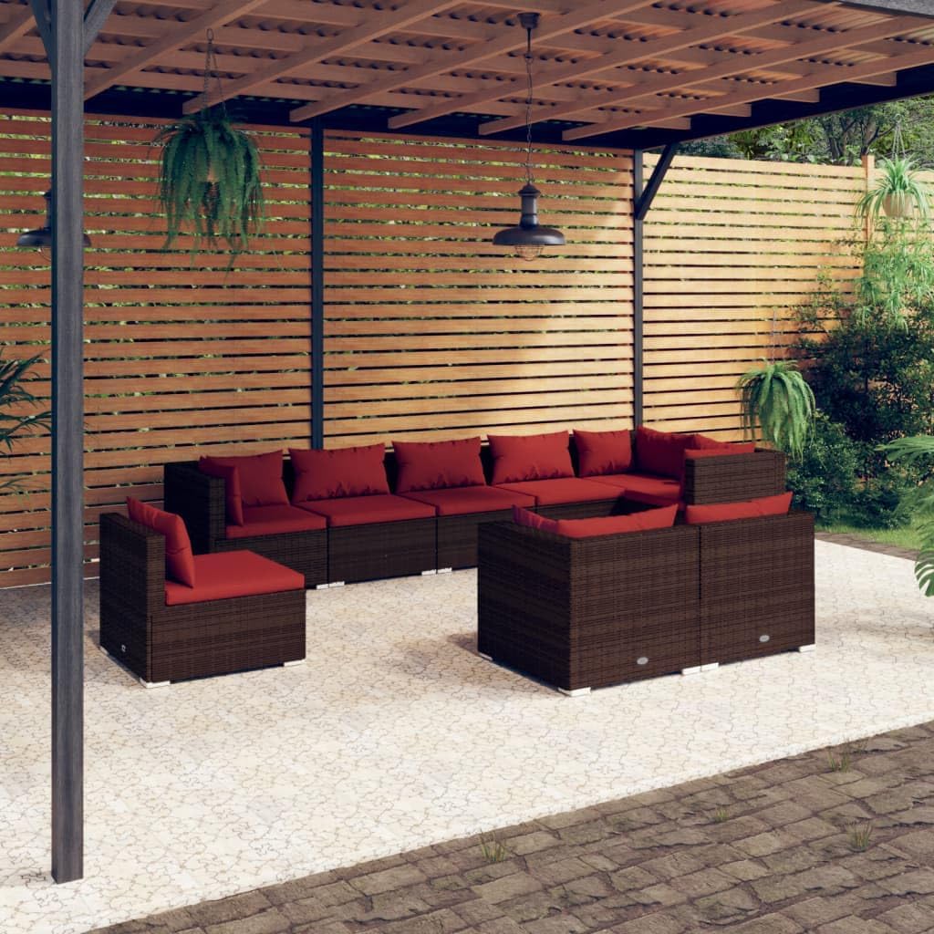 9 Piece Patio Lounge Set with Cushions Poly Rattan Brown Garden Furniture
