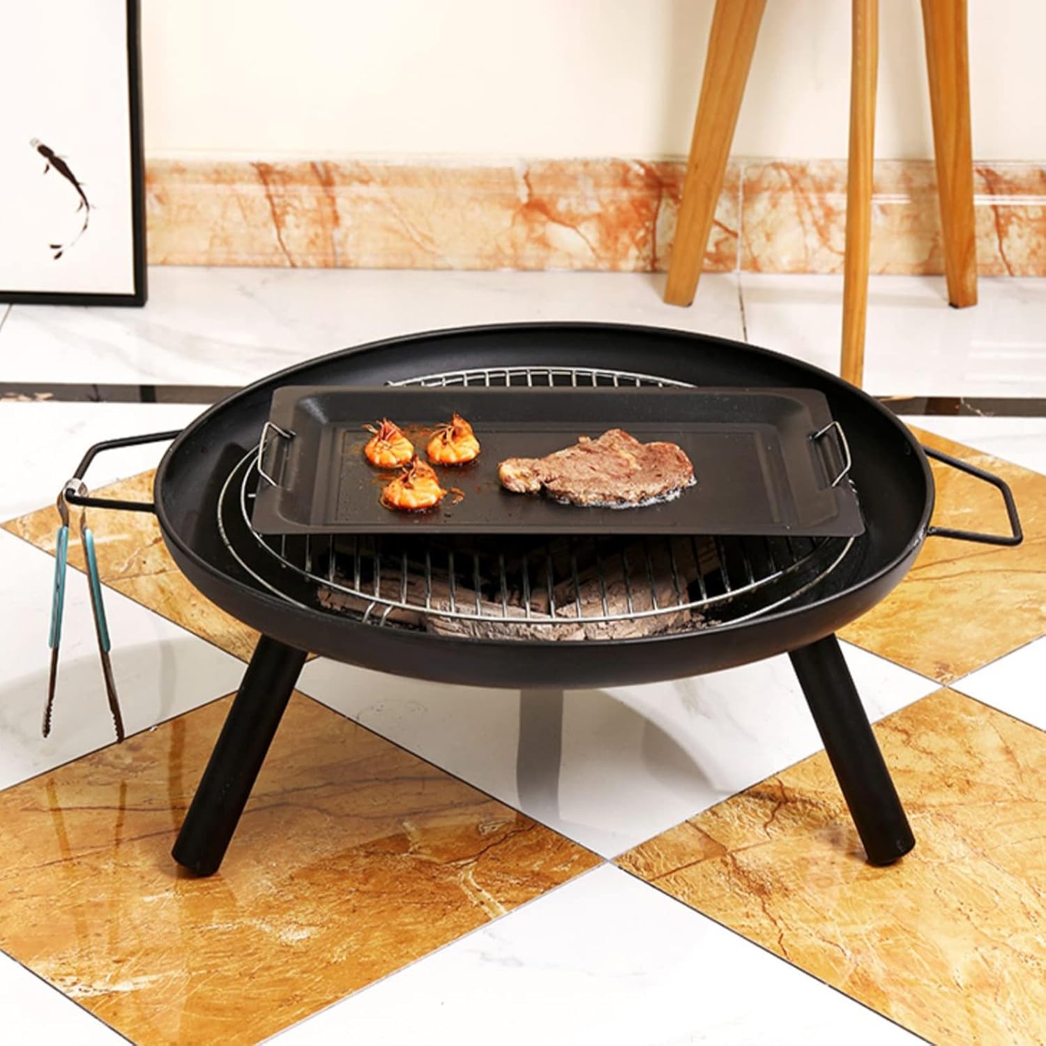 LXLZYXSF Round Shallow Bonfire Wood Burning Fire Pit for Indoor Outdoor, Fire Bowl Deck Yard Barbecue Stove Camping Fire Bowl Basin (Color : with Grate)