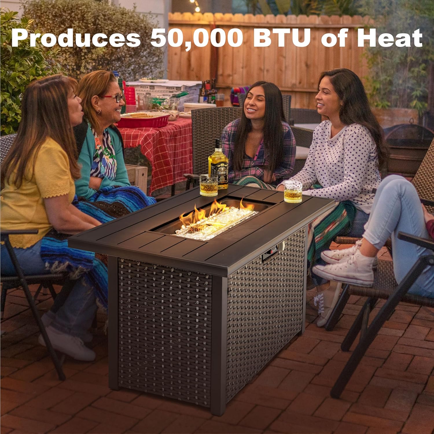 Nuu Garden Outdoor 43-inch 50,000 BTU Propane Gas Fire Pit Table, Aluminum Tabletop and PE Rattan Weaved Iron Frame, Glass Fire Pit Wind Guard, Glass Beads, Lid Included, Dark Brown