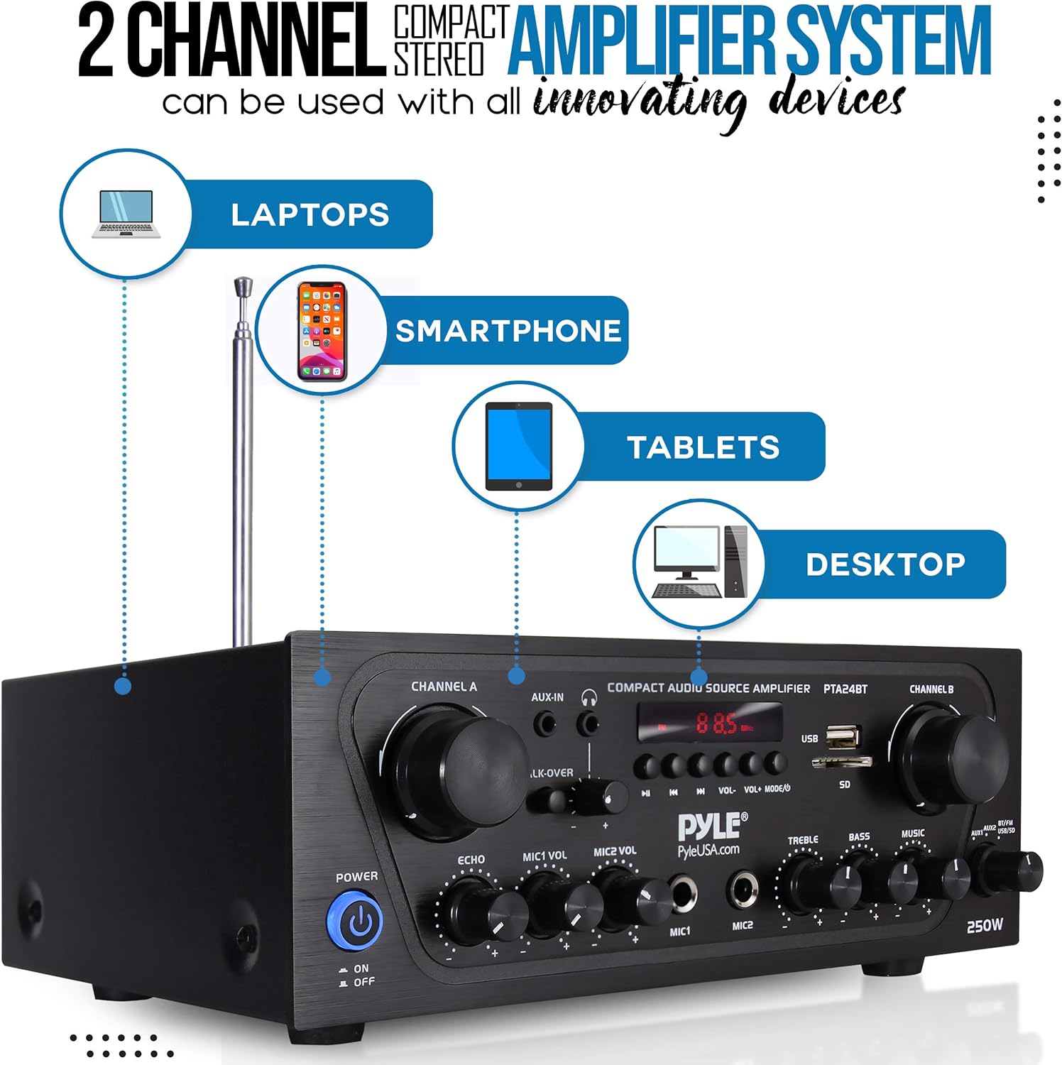 Pyle 2-Channel Bluetooth Home Stereo Amplifier - 250W Wireless Audio Receiver, Karaoke Optimized: Dual Mic In with Echo, Mic Talk-Over, FM Radio, USB-A MP3 Player, RCA, AUX, Remote Ctrl - PTA24BT