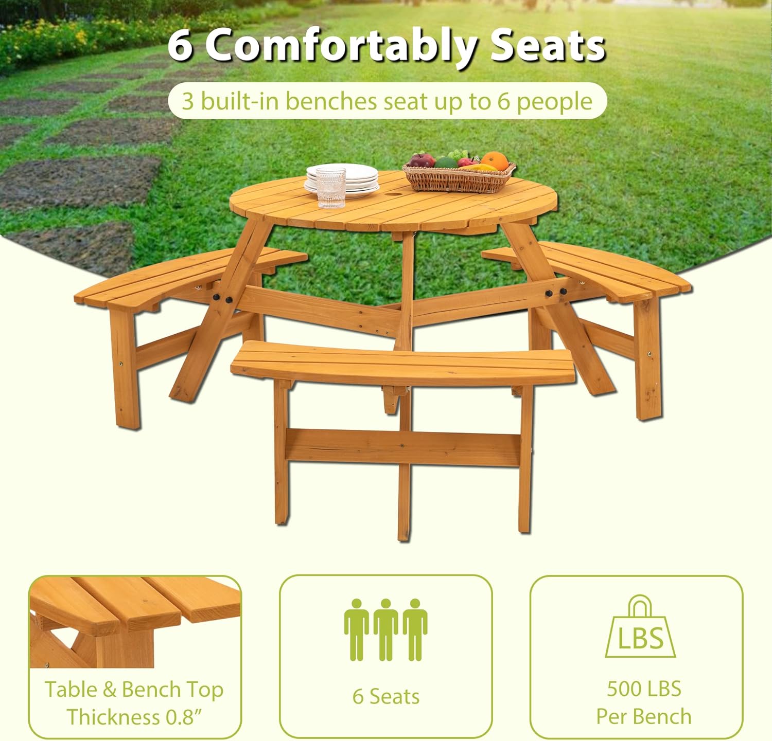 Picnic Table for 6-8 Outdoor Table and Chairs Circular Outdoor Wooden Picnic Table with Curved Benches - 35