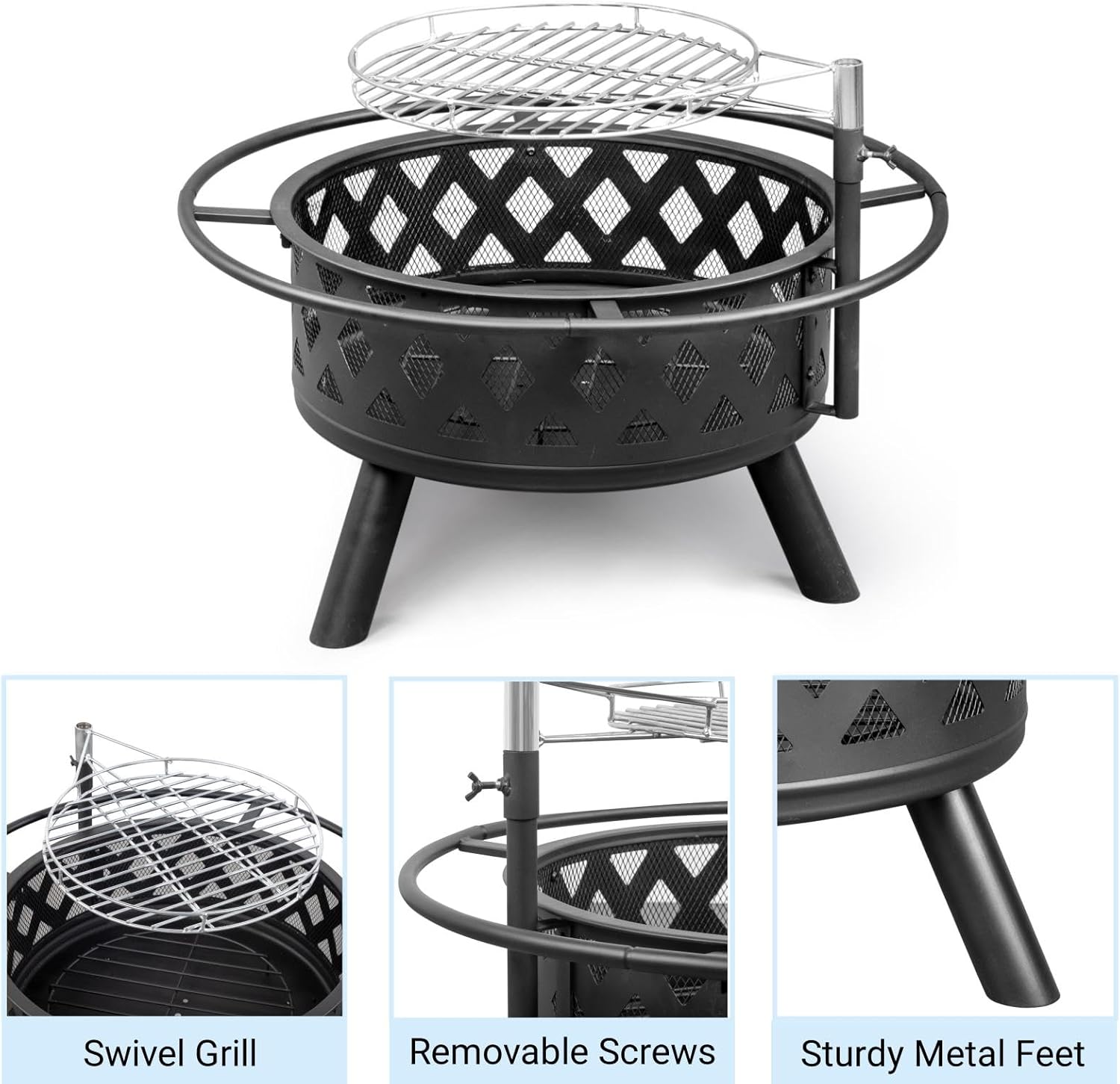 30” Outdoor Fire Pit Multifunctional Black Metal Wood Burning Firepit with Removable Swivel BBQ Grill, Ash Plate,Poker for Backyard Bonfire Patio Camping