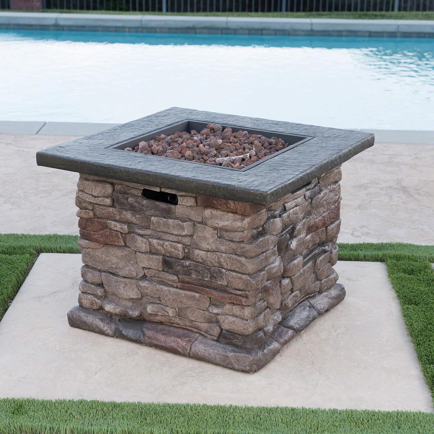 Christopher Knight Home Stonewall Outdoor Square Fire Pit - 40,000 BTU, Natural Stone