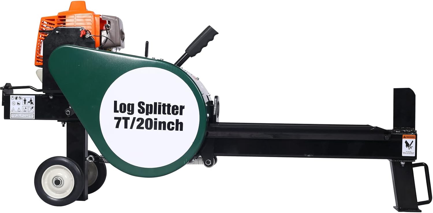 Double Flywheel Electric Log Splitter - 7-Ton Compact Horizontal Gas Log Splitter with Auto Return 20in, Portable 63cc Engine Firewood Splitting Forestry Harvesting