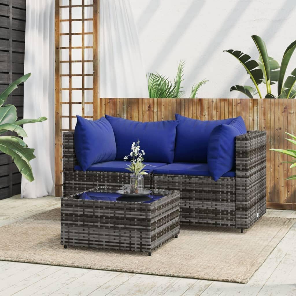 Patio Furniture, 3 Piece Patio Lounge Set with Cushions Gray Poly Rattan