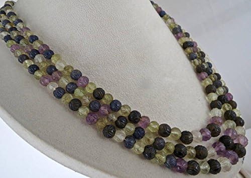 3 Line Natural Multi Color Amethyst Citrine Iolite Etc Carved Beads Necklace 22 inches 10MM to 5MM