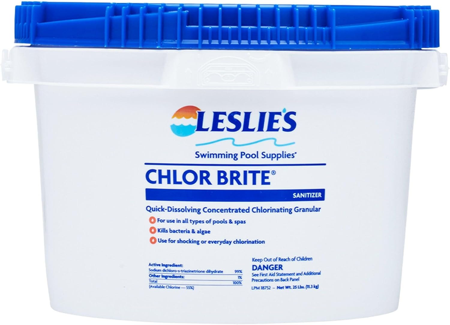 Leslie's Chlor Brite Swimming Pool Sodium Granular Chlorine – 99% Sodium Dichlor Sanitizer for Crystal Clear Water – Defends Against Bacteria, Algae, and Microorganisms - 25 Pound