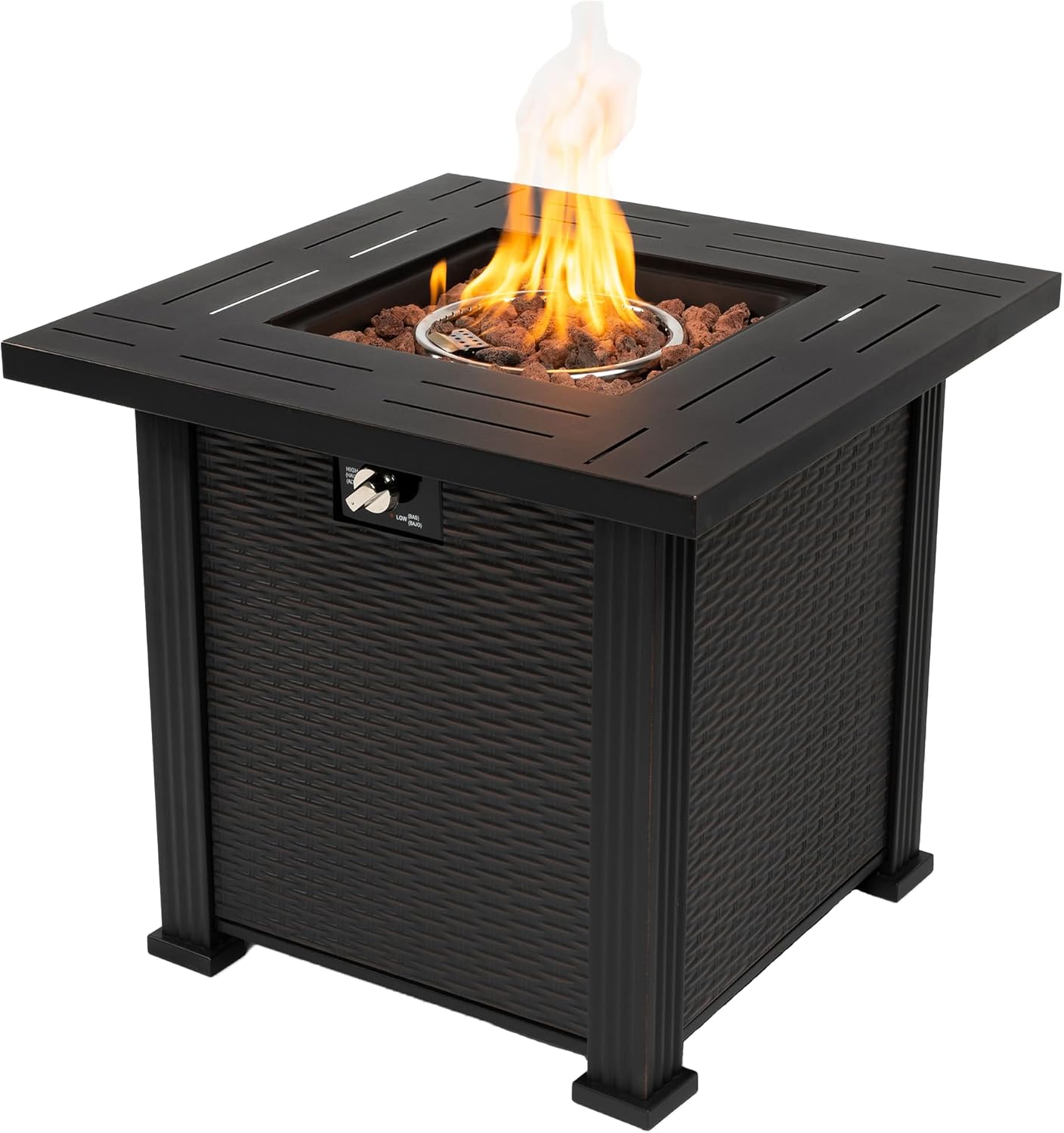 28 Inch Propane Fire Pit, Outdoor Fire Pit Table, 50000 BTU Square Steel Gas Fire Pits with Lid, Add Warmth and Ambience to Parties On Outside Patio Deck Garden, Black