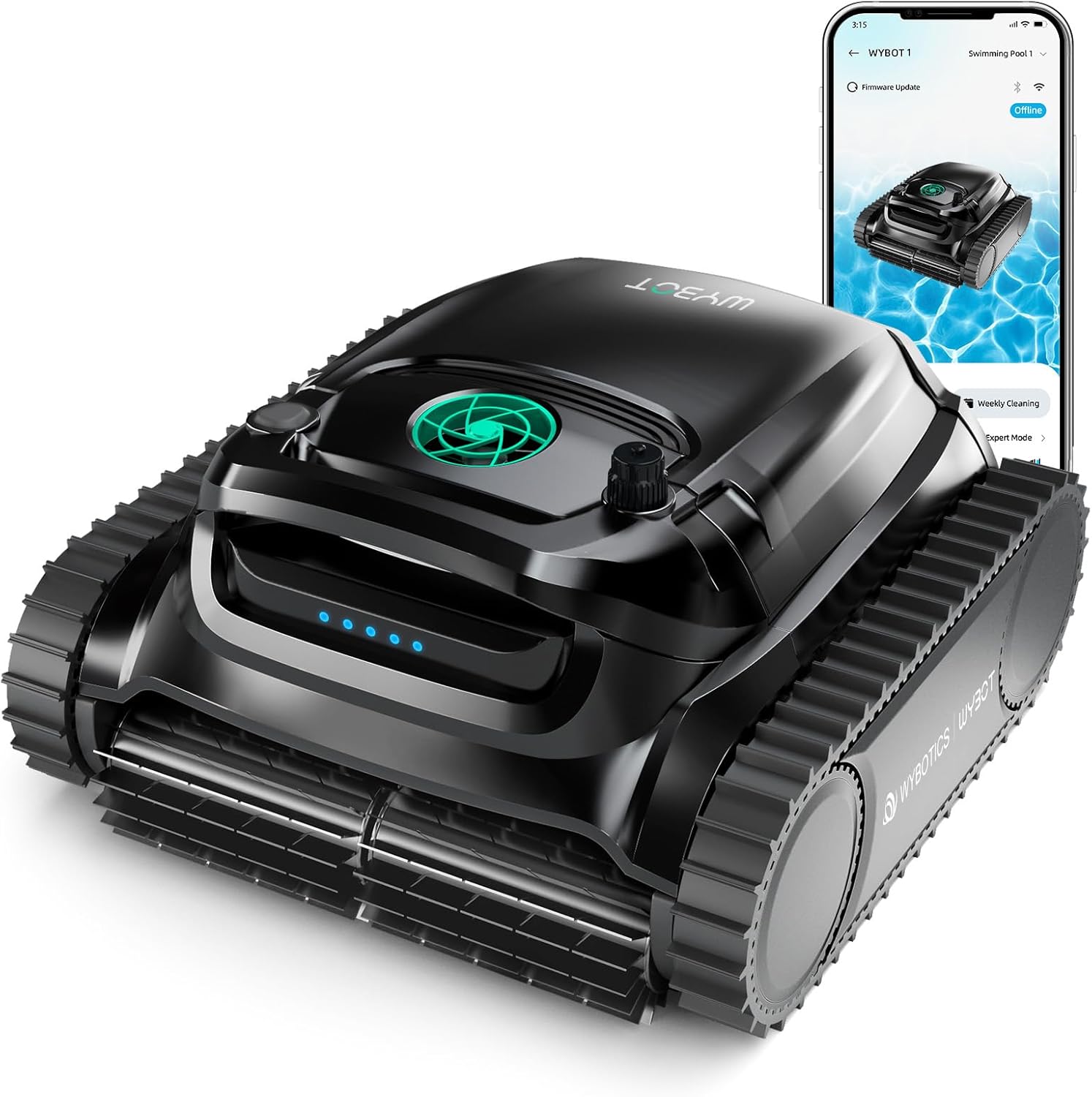 WYBOT M1 Robotic Pool Vacuum Cleaner, 7 Modes & 6 Paths, Dual Filtration, App Control, 120W Brushless Motor, 10,000mAh Battery, 300mins Runtime, Covers 4,305 Sq.Ft, Black&Green