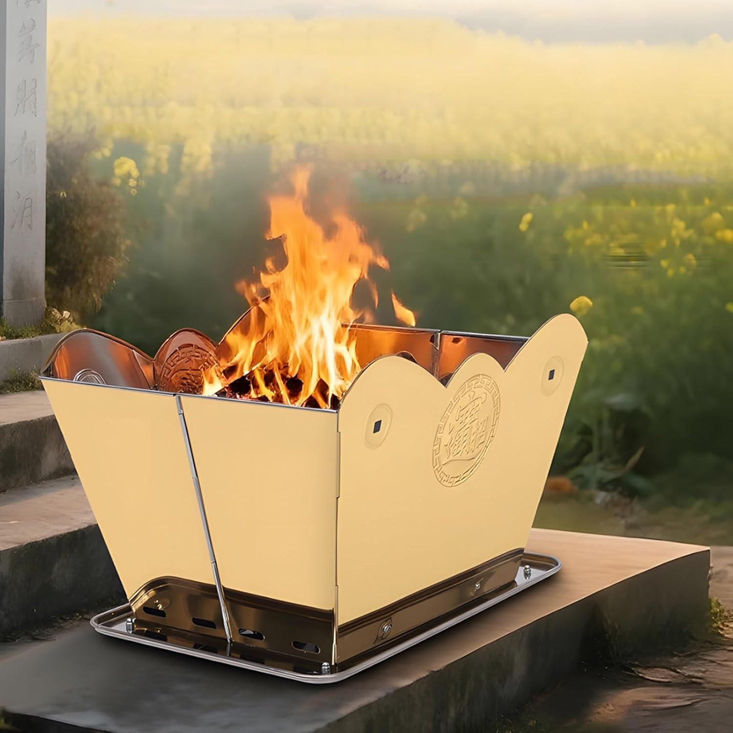 Burn Barrels for Outside for Burning Trash, Fire Pit, Foldable Metal Barrel for Ancestor Money Waste Garden Leaf Wood(Gold,Large)