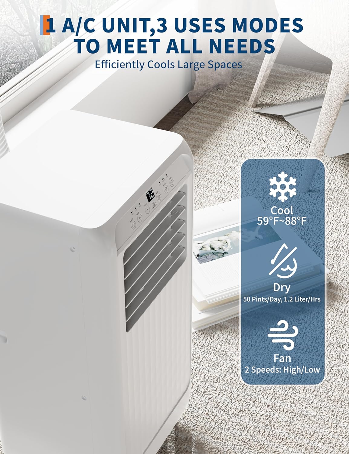 10000 BTUs (ASHRAE) / 6500 BTUs (SACC) Portable Air Conditioner – Ultra-Quiet Indoor AC with Cooling, 46 Pints/Day Dehumidification, 2-Speed Fan, Timer, Remote Control, for Rooms Up to 450 Sq.Ft.