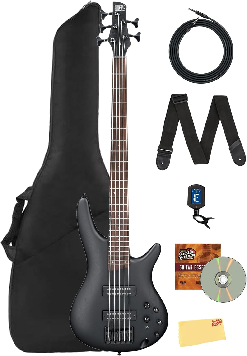 Ibanez SR305E SR Standard 5-String Bass Guitar - Weathered Black Bundle with Gig Bag, Tuner, Strap, Instrument Cable, Austin Bazaar Instructional DVD, and Polishing Cloth