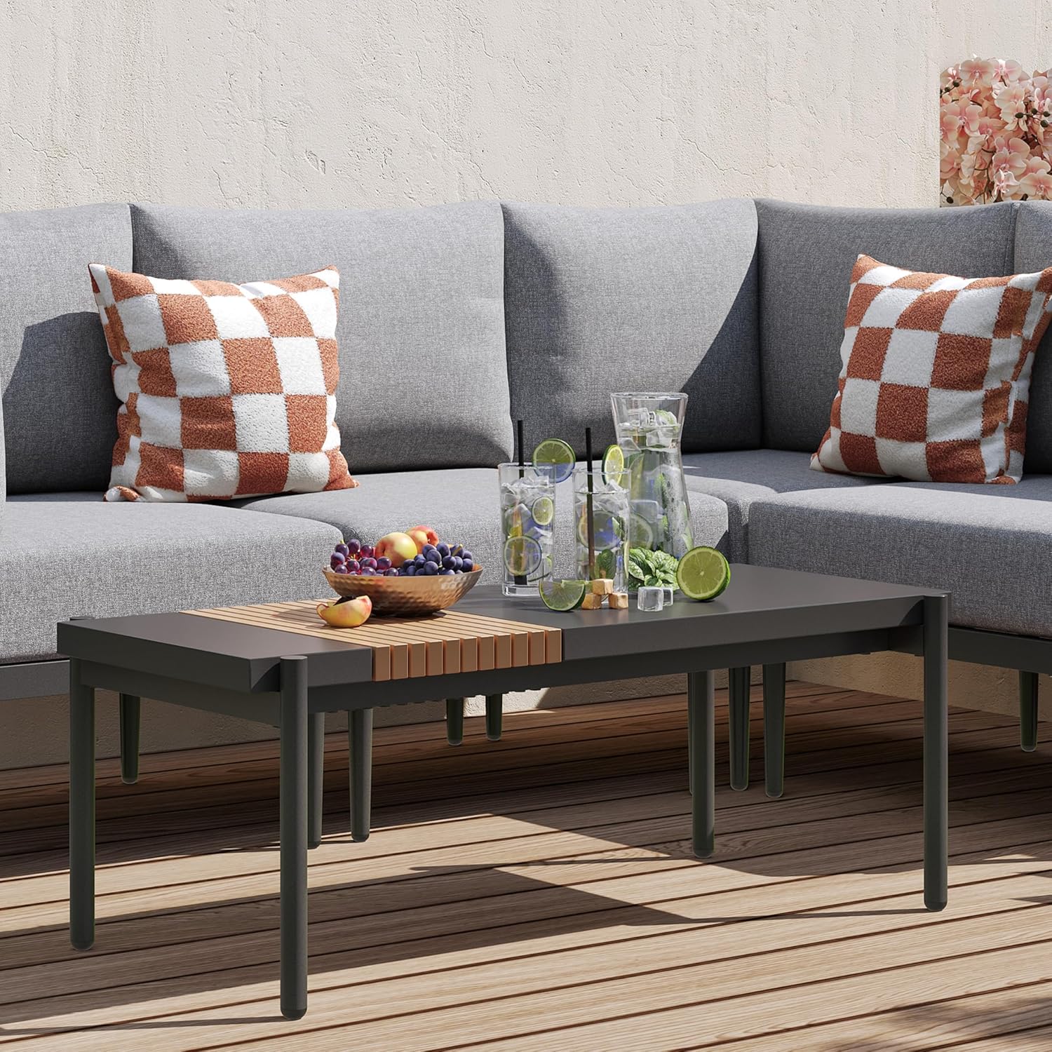 Sundale Outdoor Modern Metal Outdoor Coffee Table with Slatted Wood-Look Tabletop Design, Weather-Resistant Patio Side Table for Garden, Balcony, Poolside(Gray)