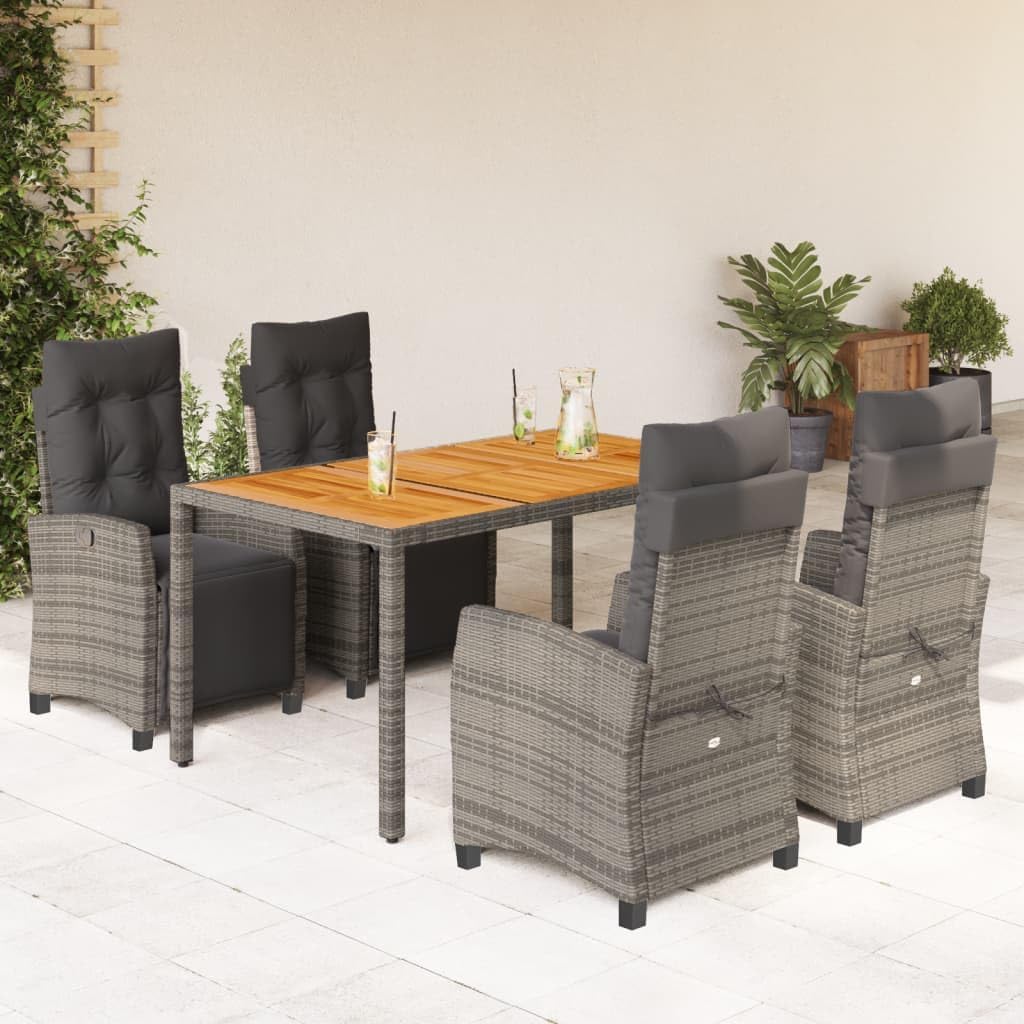 5 Piece Patio Dining Set with Cushions Gray Poly Rattan,AllWeather Rattan Garden Dining Set with Adjustable Reclining Chairs & Acacia Wood Table Patio Furniture Sets, Outdoor Furniture Sets