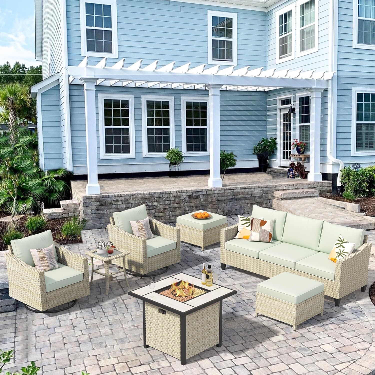 Patio Furniture 7 Pieces Outdoor Furniture Set with Rocking Chairs - PE Wicker Outdoor Sectional Sofa, Patio Ottomans, Fire Pit Table for Patio