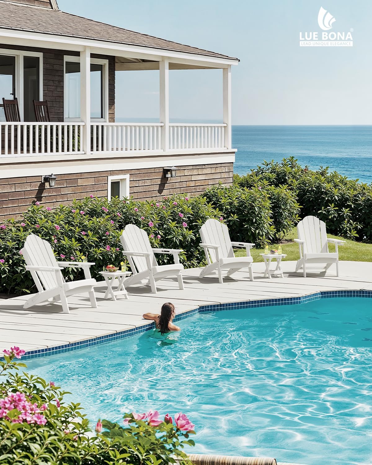 LUE BONA Folding Adirondack Chair, Chairs Set of 4, Cup Holder, Woodgrain, Fire Pit, Patio, Pool, White