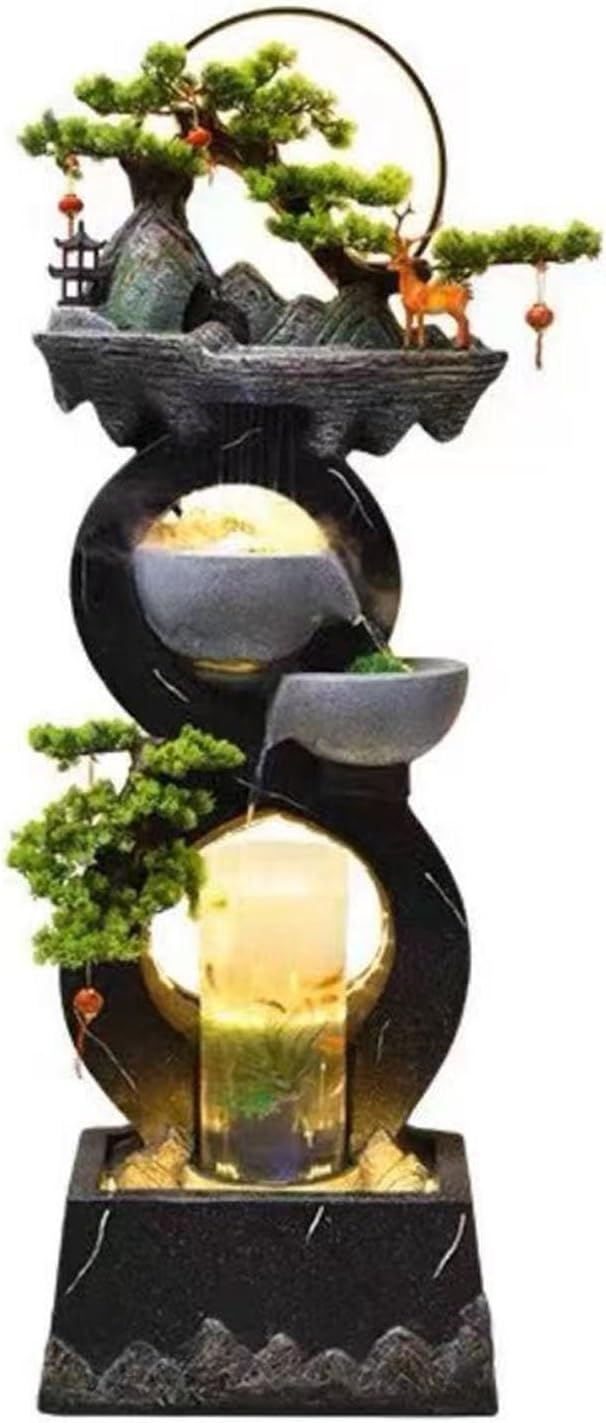 Outdoor Fountain Modern Indoor Fountain with LED Lights and Aquarium, Floor Standing Decoration for Hall, Living Room and Office Garden Fountain (Size : Black, Material : B)