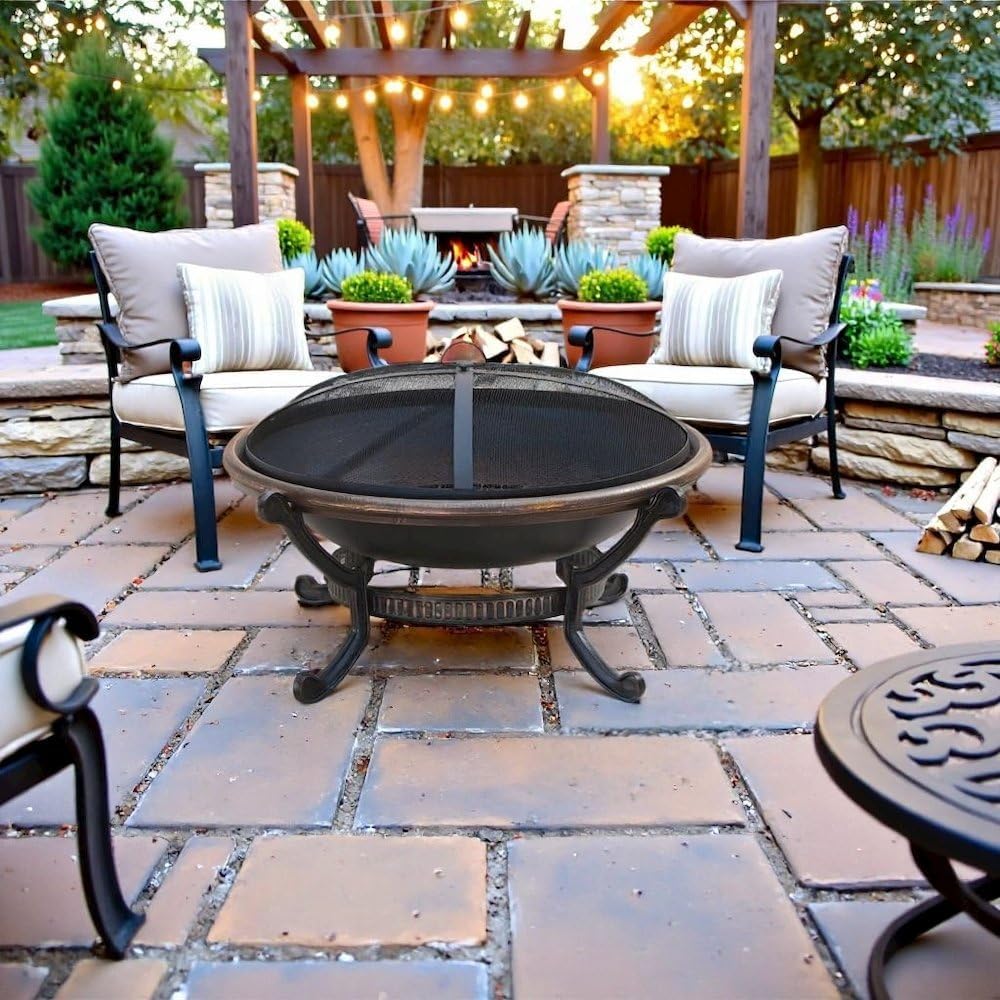 Wood Burning Fire Pit for Outside – Large Outdoor Firepit with Mesh Spark Screen Cover & Fire Poker – Powder-Coated Steel, Black
