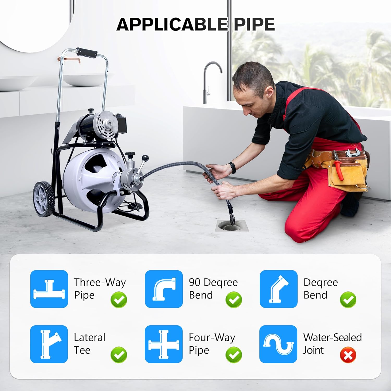 Drain Cleaner Machine 75FT x 1/2 Inch, Auto Feed Sewer Snake Drain Auger - Electric Drain Cleaning Machine Fits 1 Inch to 4 Inch Pipes, Portable Drain Auger Cleaner with 8 Cutters