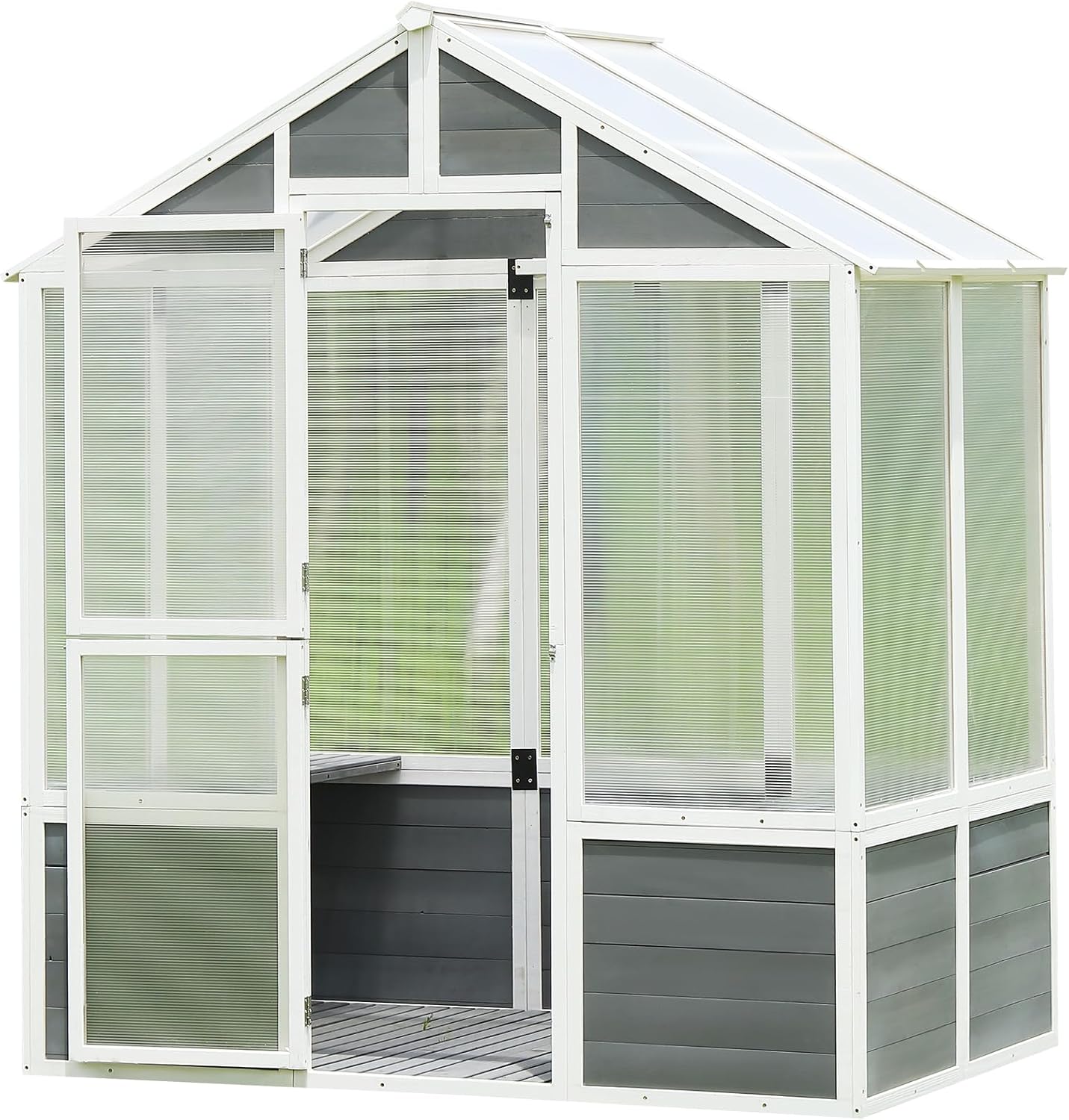 KEIKI 6.3 x 4 FT Wooden Polycarbonate Greenhouse with Front Entry Door, Walk-in Greenhouse Outdoor Garden Shed for Plants, Solid Pine Wood Frame & Polycarbonate Panels for Garden, Backyard, Patio