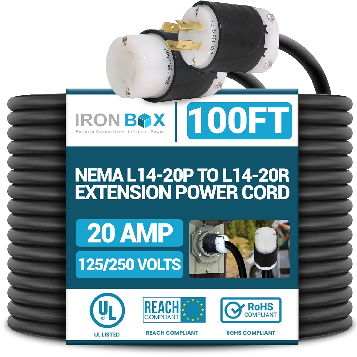 IronBox Electric NEMA L14-20P to L14-20R Extension Power Cord - 20A, 125/250V, 12/4 SJOOW - UL Listed Twist Lock Plug Adapter - Heavy Duty Power Cable for Generator, Data Centers & More (100ft, Build)