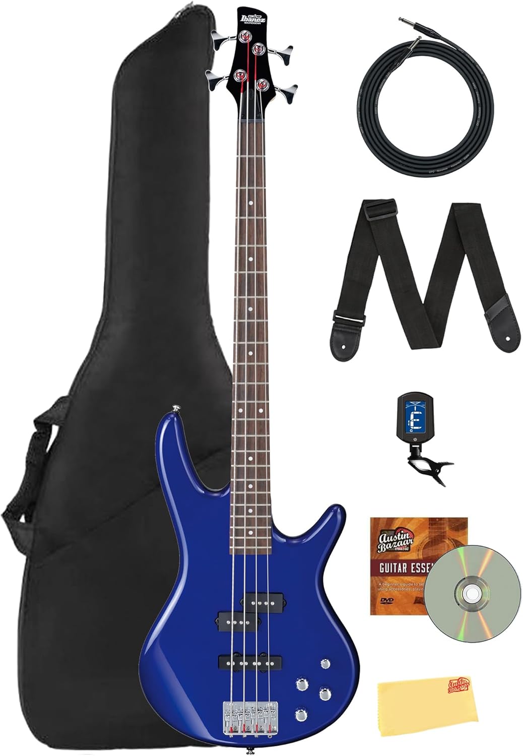 Ibanez GSR200 SR GIO Bass Guitar - Jewel Blue Bundle with Gig Bag, Tuner, Strap, Instrument Cable, Austin Bazaar Instructional DVD, and Polishing Cloth