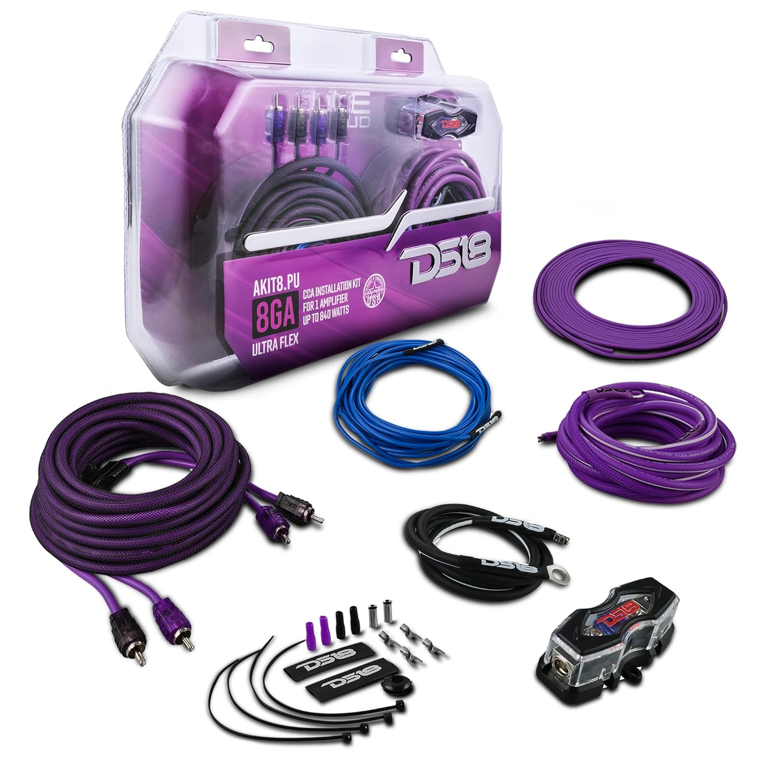 DS18 AKIT0.PU 0-GA Amplifier Installation Wiring Kit with Fuse Holder 250A, Up to 3500 Watts RMS, Ultra Flex Wire, Amp Wire Kit, Amp Wiring Kit 0 Gauge - Purple