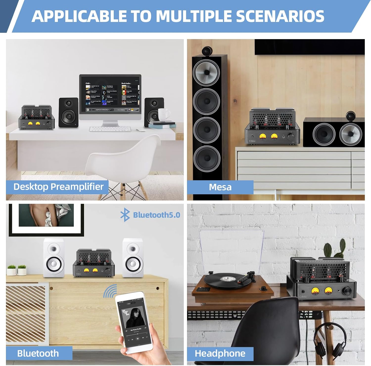 Tube Amplifier, Stereo Vacuum Tube Class A/B Amplifier,Integrated Amplifier with Bluetooth 5.0,Subwoofer Output, Headphone Output, Record Player Phono Preamp and USB DAC