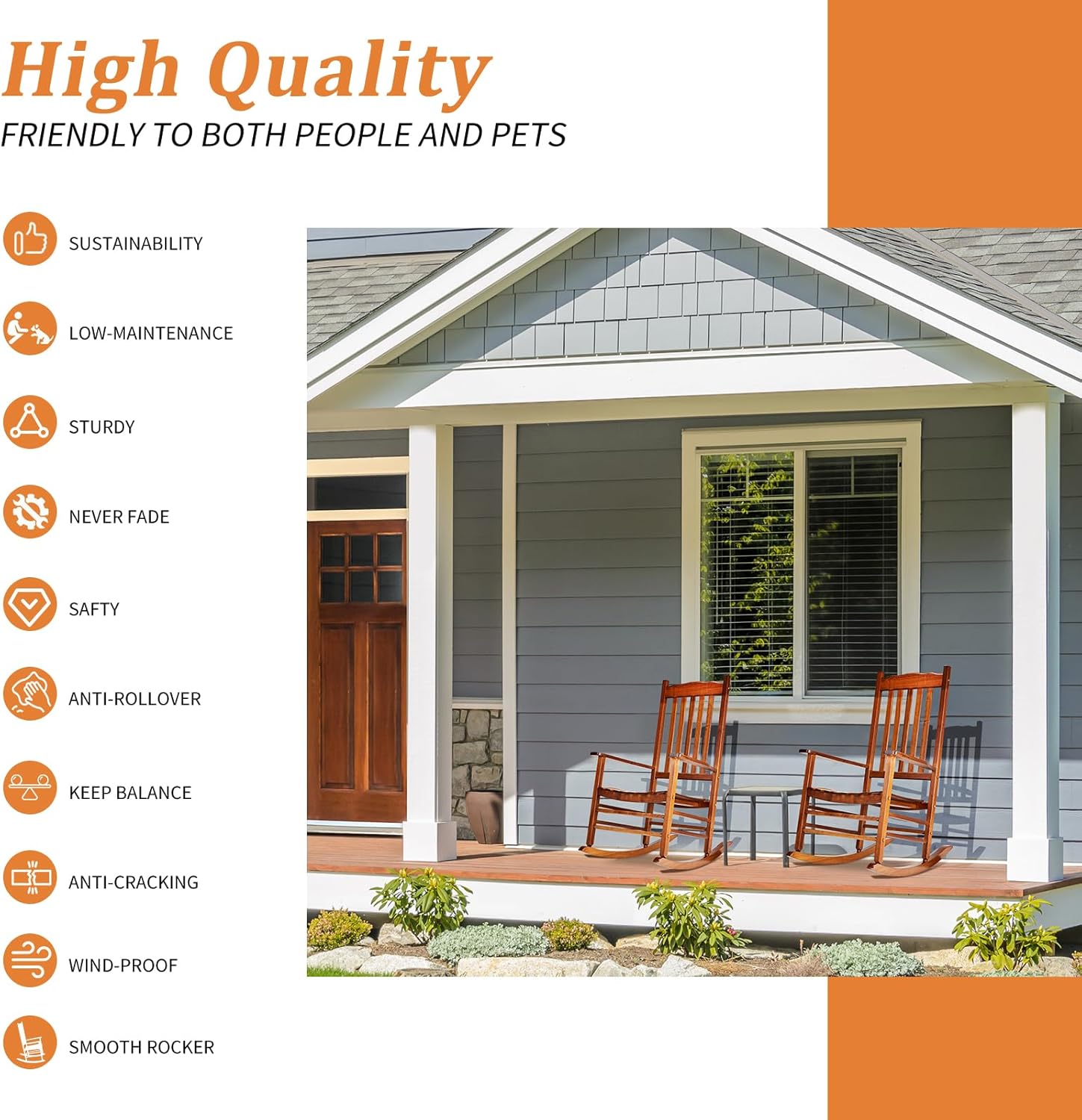 Outvita Outdoor Rocking Chair, Solid Wood High Back Rocker, All Weather Lounge Chair for Porch Patio Fire Pit Garden Backyard Deck Indoor, Wave Shape, Natural