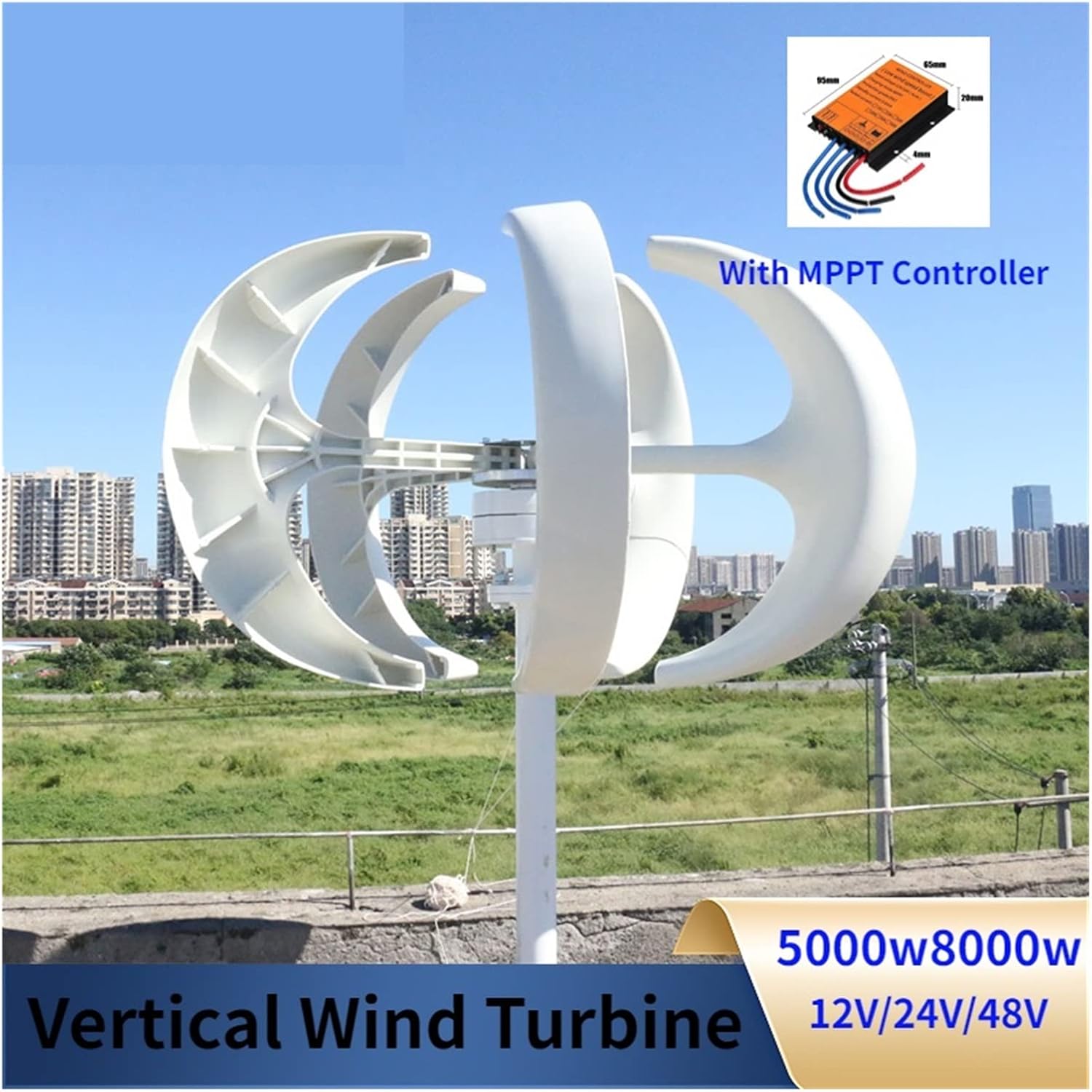 Wind Turbine Generator Kit, 5000W 8000W Vertical Axis Wind Turbine 12V 24V48V Windmill Motor Quick Start Home Farm Hybrid Street Light With MPPT Controller for Hybrid Solar Wind System(White,WITH COTR