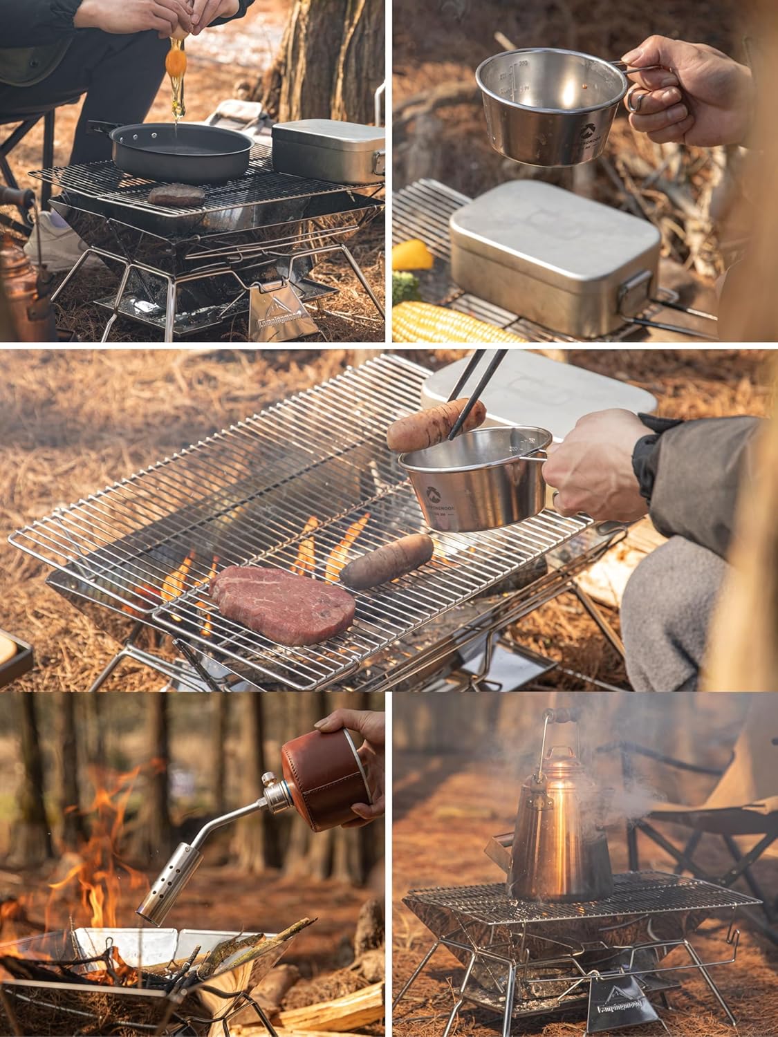 CAMPINGMOON Large Portable Campfire Fire Pit BBQ Grill Stainless Steel Foldable Collapsible Wood Burning Charcoal Grill for Heavy Duty Outdoor Cooking RV Camping, 20x13-inch, with Carry Bag MT-3