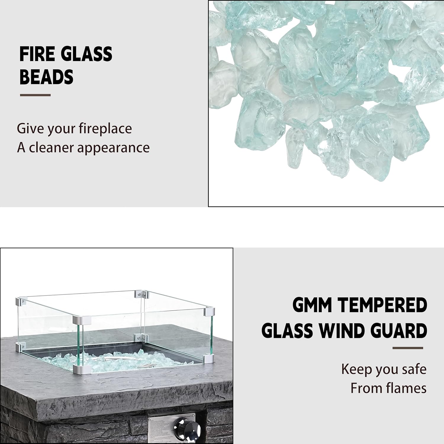 NAGA HABNA Propane Fire Pit Table, 34 Inch Outdoor Fire Table w Tank Table (50,000 BTU), Deep Grey Gas Fire Pit w Glass Wind Guard and Blue Fire Glass for Garden, Pool, Backyard (Square, Only Fire)