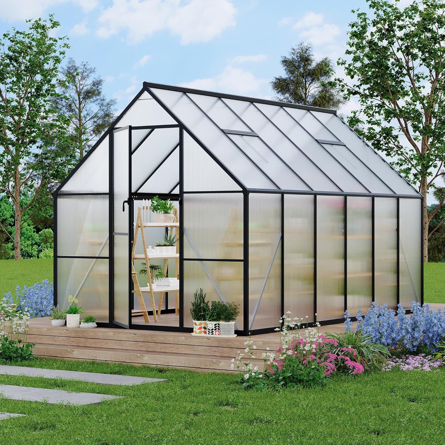 8 X 12 Ft Greenhouses for Outdoors, Polycarbonate Greenhouse with Quick Setup Structure and Roof, Aluminum Walk-in Green Houses for Outside for Patio Backyard Garden