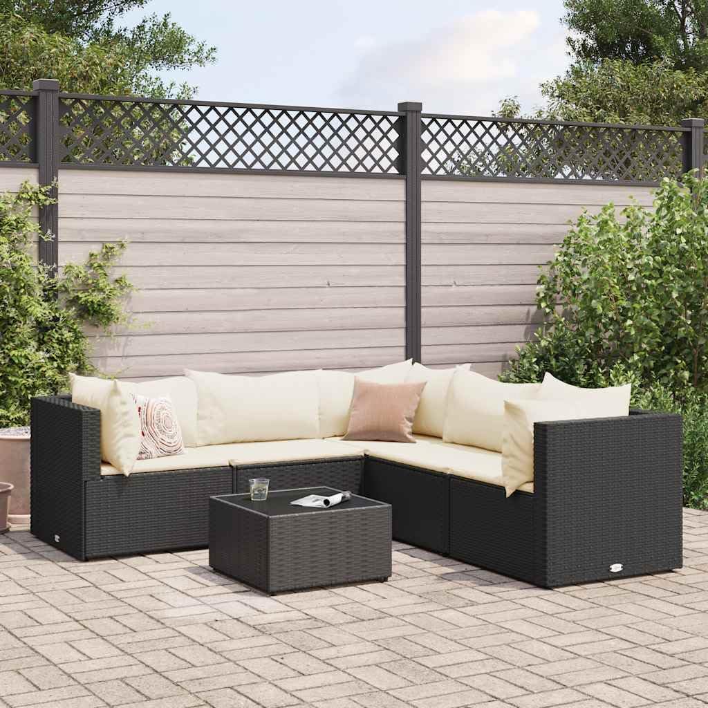 6 Piece Patio Lounge Set with Cushions Black Poly Rattan, Patio Furniture Sets, Outdoor Furniture