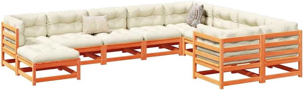 Patio Set 10 Piece Patio Sofa Set with Cushions Wax Brown Solid Wood Pine