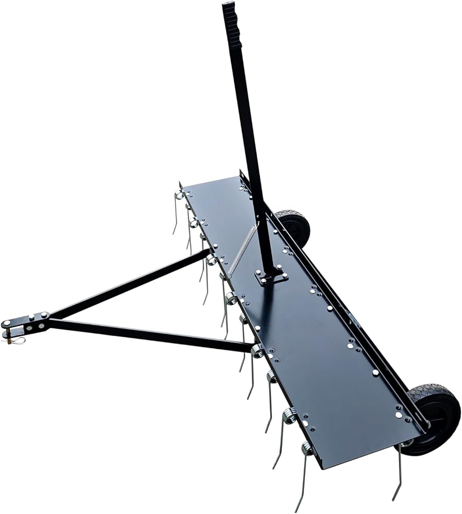 48inch Tow Behind Dethatcher with 24 Spring Steel Tines,Lawn Sweeper Garden Grass Tractor Rake Removes Thatch from Large Lawns, Riding Lawn Mower Attachments for Outdoor Yard Tools Lawn Care
